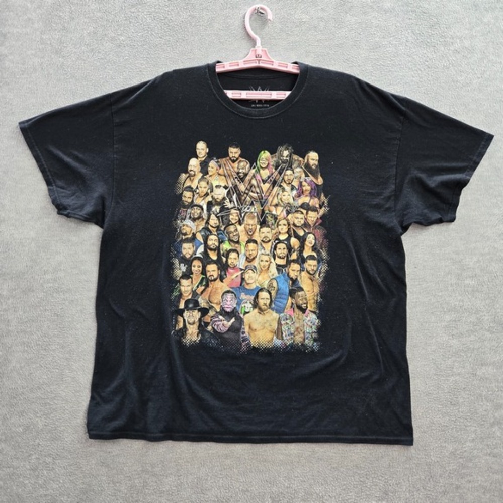 WWE Men Shirt 2X Black Knit Wrestlers Short Sleeve Logo Cotton
